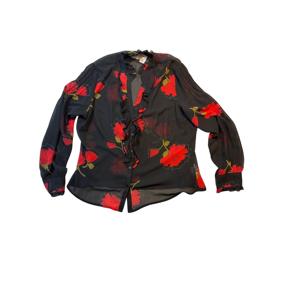 Whimsigoth Petite Large Black Red‎ Rose Floral Ruffle Sheer Blouse Dark PL